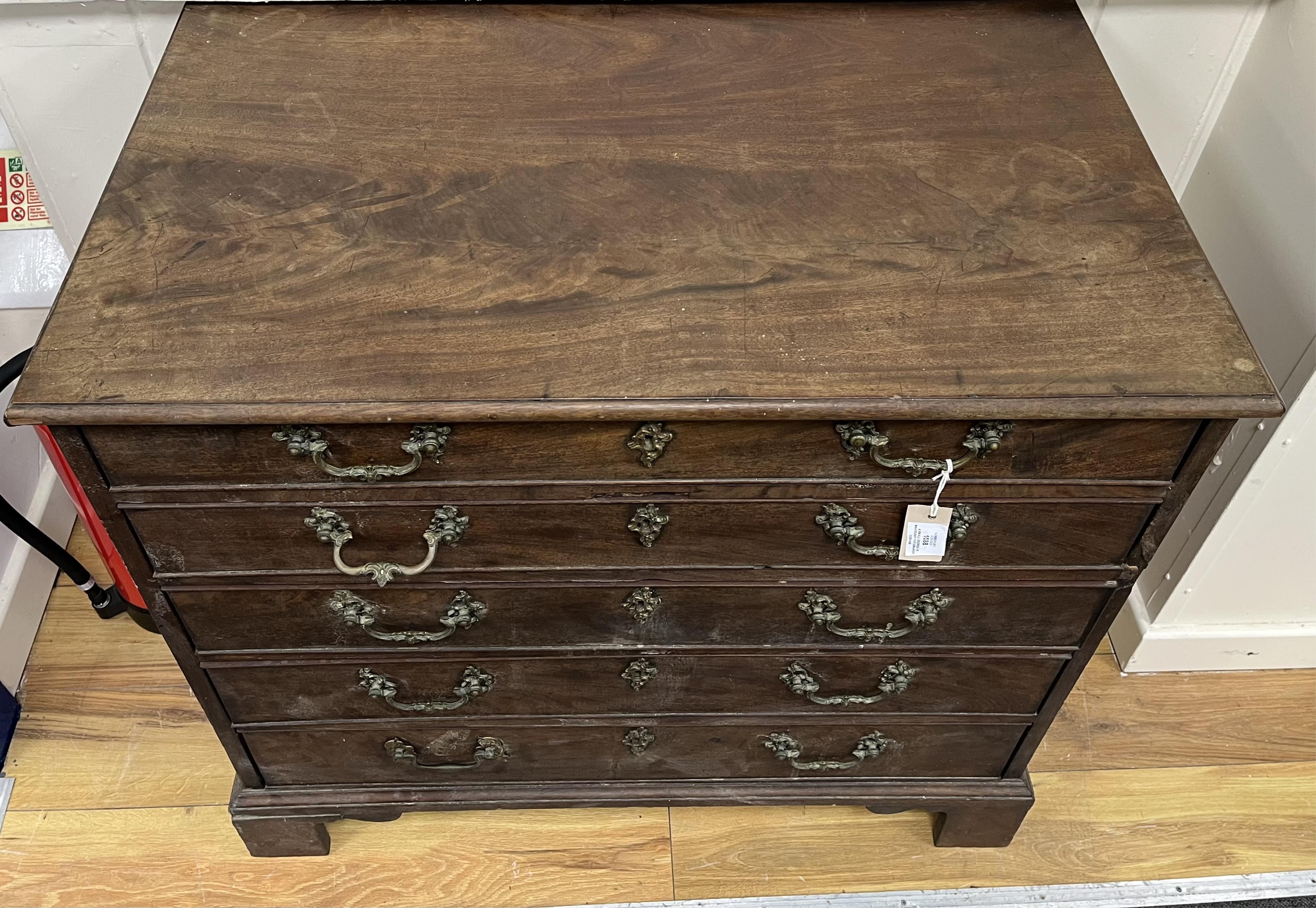 A small George III mahogany five drawer chest, width 91cm, depth 55cm, height 84cm. Condition - in need of restoration